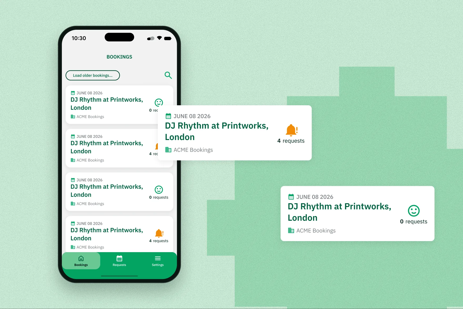 A phone showing the Bookings feed, a list of event cards with date, event name, promoter and a request count. Two cards are pulled out alongside it: one with an amber bell and 4 requests, one with a green smiley and 0 requests.