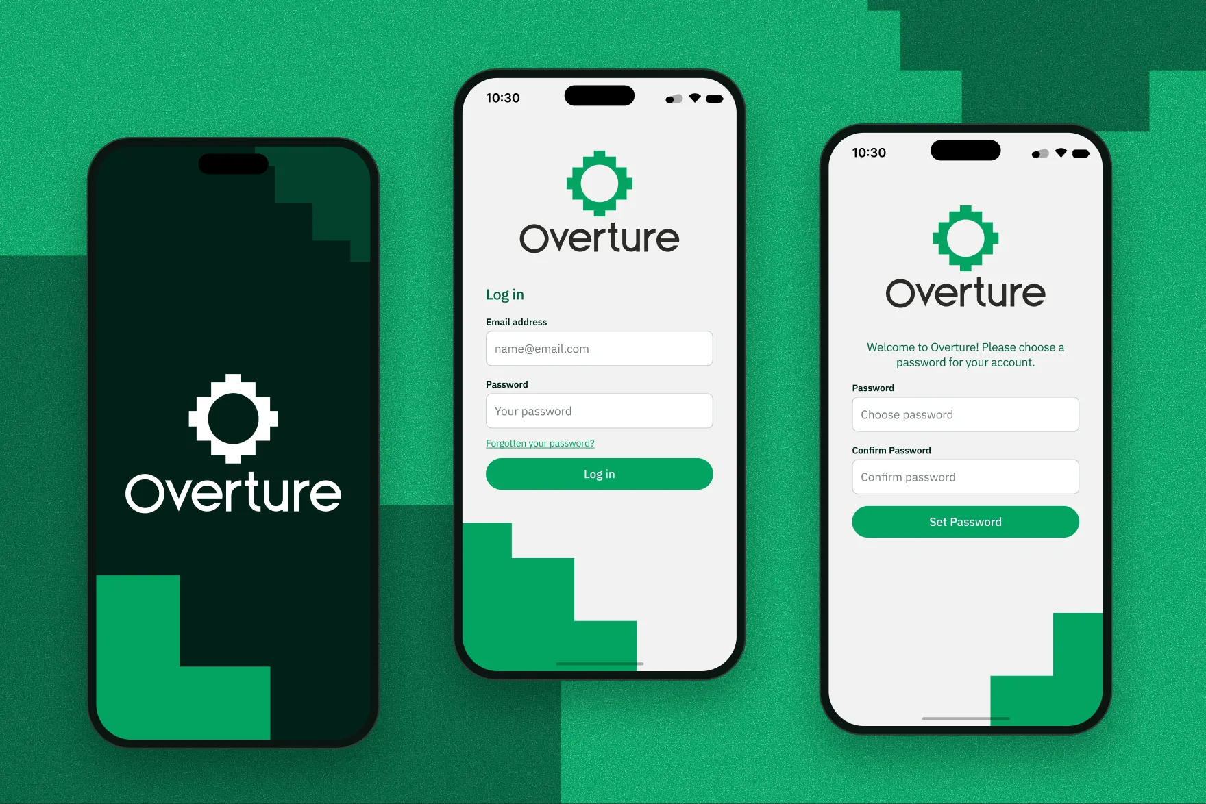 Three phones showing the Overture splash screen with its gear logo on dark green, the log in screen, and the set password screen.