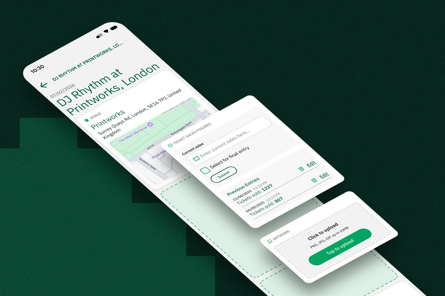 The long booking detail screen laid out at an angle, with the ticket sales and artwork upload sections lifted off the page to show a sales entry log and a tap-to-upload field.