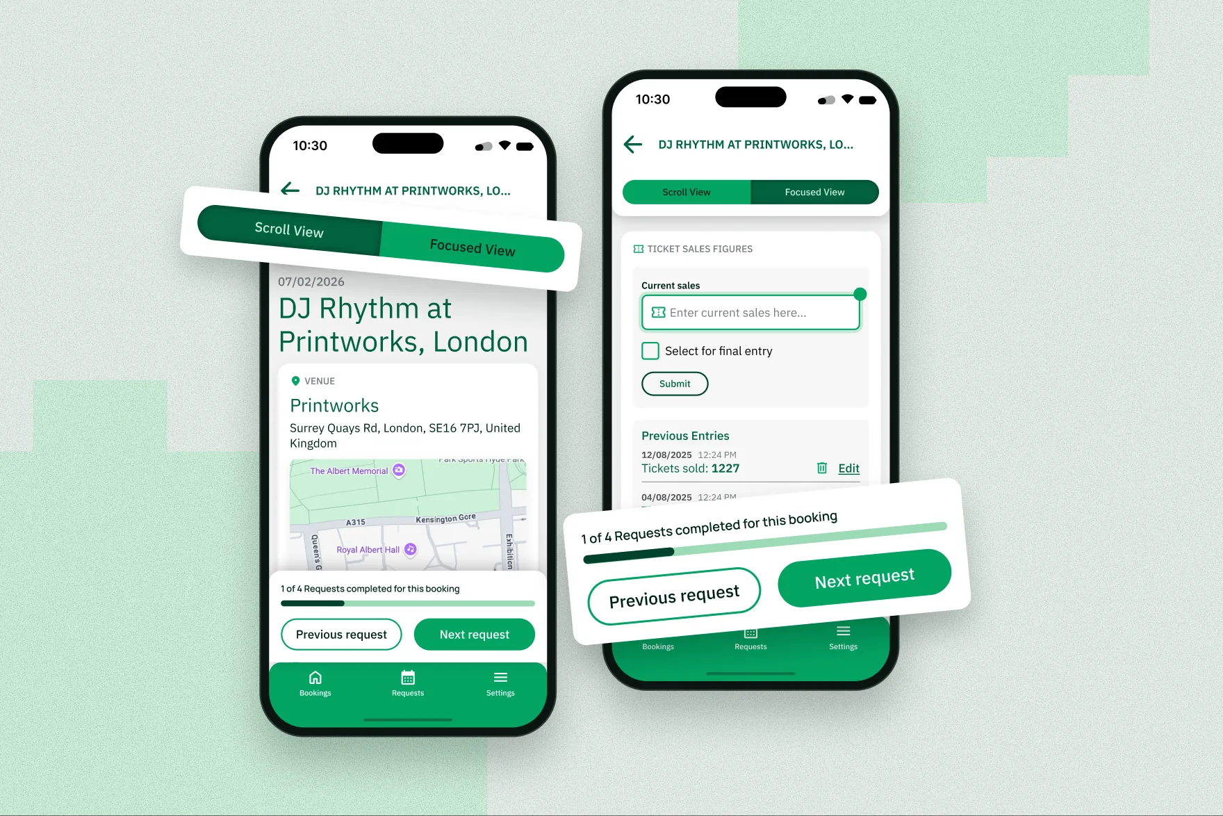 Two phones showing a booking in scroll view and in focused view. Callouts show the Scroll View and Focused View toggle, and a progress bar reading 1 of 4 requests completed for this booking with previous and next request buttons.